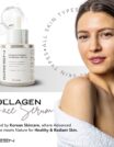 "ISREEN Advanced Collagen Skin Booster Serum bottle next to a woman with smooth, radiant skin wearing a white towel, promoting collagen face serum suitable for all skin types."