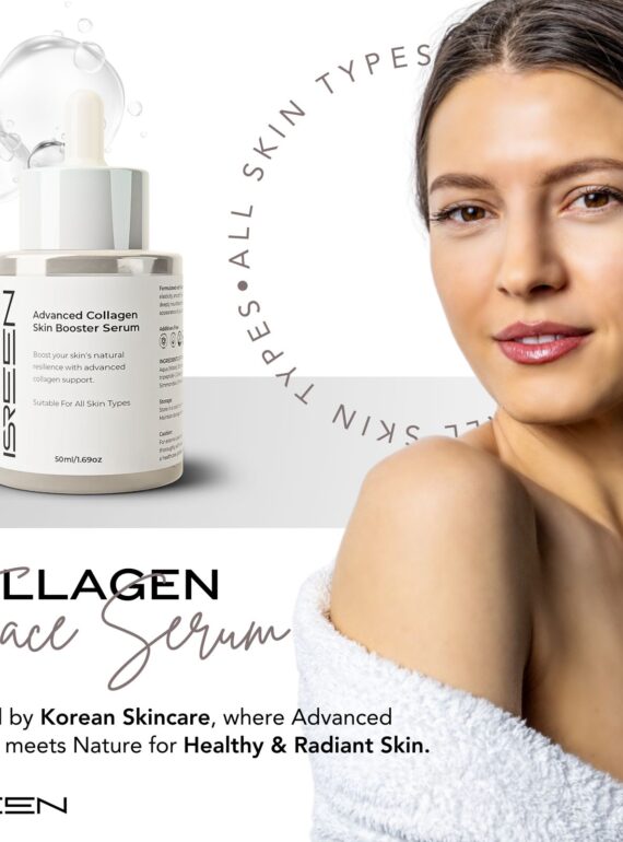 "ISREEN Advanced Collagen Skin Booster Serum bottle next to a woman with smooth, radiant skin wearing a white towel, promoting collagen face serum suitable for all skin types."