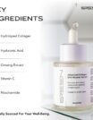 ISREEN Advanced Collagen Skin Booster Serum bottle displayed beside a list of key ingredients: Hydrolyzed Collagen, Hyaluronic Acid, Ginseng Extract, Vitamin C, and Niacinamide. Text at the bottom reads Naturally Sourced For Your Well-Being.