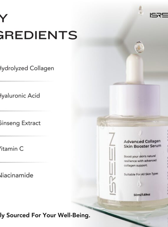 ISREEN Advanced Collagen Skin Booster Serum bottle displayed beside a list of key ingredients: Hydrolyzed Collagen, Hyaluronic Acid, Ginseng Extract, Vitamin C, and Niacinamide. Text at the bottom reads Naturally Sourced For Your Well-Being.