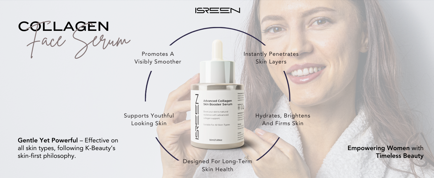 Collagen face serum product advertisement featuring a smiling woman holding a bottle of ISREEN Advanced Collagen Skin Booster Serum, highlighting its skin-smoothing, hydrating, and firming benefits.