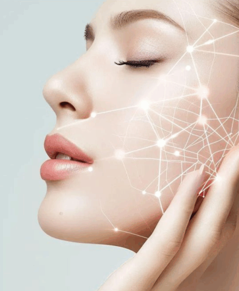Close-up of a woman with glowing, smooth skin and digital light network graphics on her face representing collagen and skin rejuvenation.