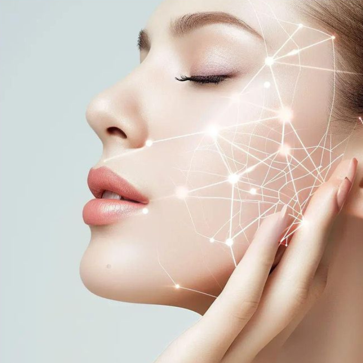 Close-up of a woman with glowing, smooth skin and digital light network graphics on her face representing collagen and skin rejuvenation.