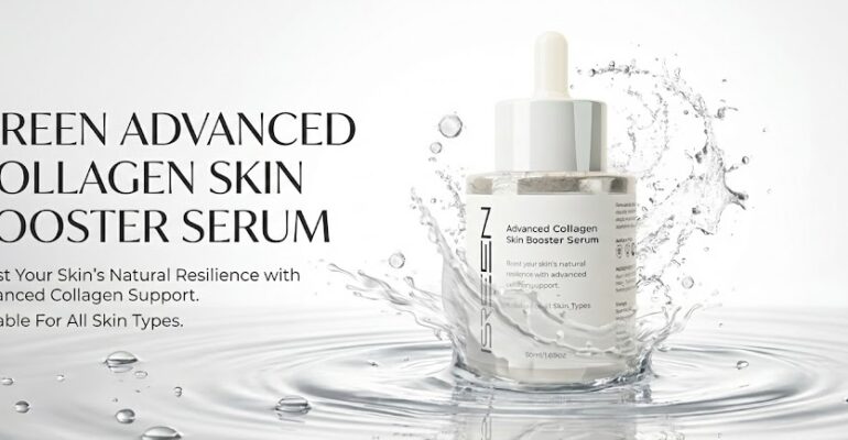 Best collagen serum of 2025: Isreen Advanced Collagen bottle splashing in water, showing deep hydration and anti-aging benefits.