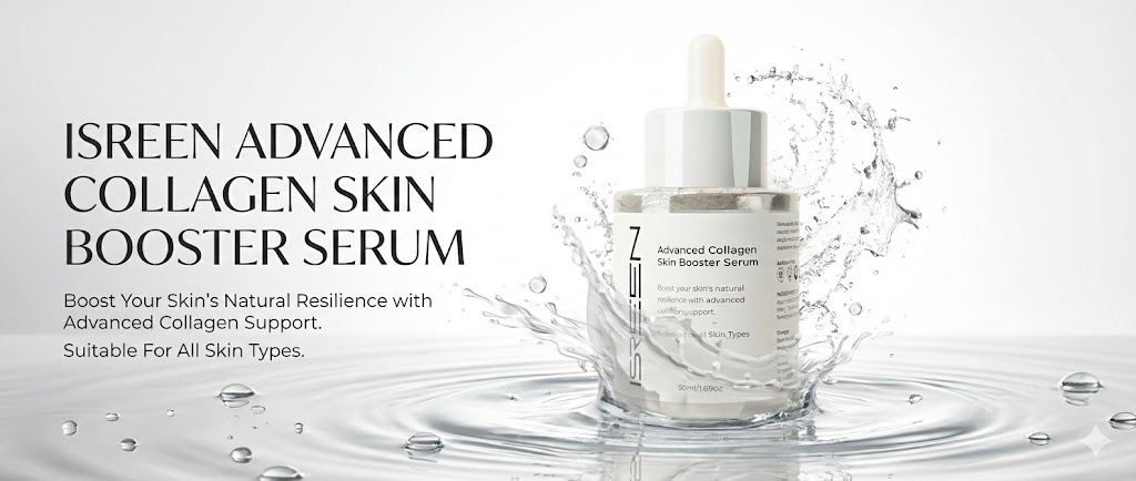 Best collagen serum of 2025: Isreen Advanced Collagen bottle splashing in water, showing deep hydration and anti-aging benefits.
