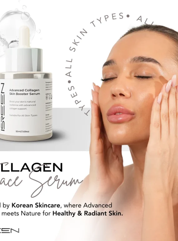 "ISREEN Advanced Collagen Skin Booster Serum bottle next to a woman with smooth, radiant skin wearing a white towel, promoting collagen face serum suitable for all skin types."