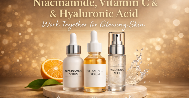 Achieve naturally radiant skin with Niacinamide, Vitamin C, and Hyaluronic Acid—your essential trio for hydration, clarity, and lasting glow.