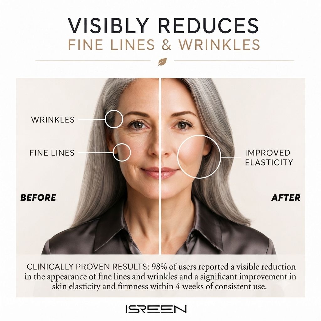 Before and after comparison of a woman’s face showing reduced fine lines and wrinkles after using ISREEN skincare product. new model